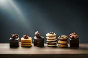 a row of chocolate cookies and other treats on a wooden table. AI-Generated photo