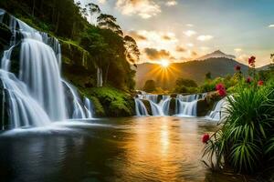 waterfalls at sunset in the mountains with flowers. AI-Generated photo