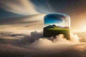 a glass dome with a landscape inside it. AI-Generated photo