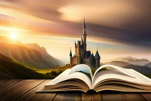 the book is open on a wooden table with a castle in the background. AI-Generated photo