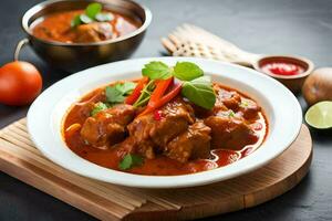 chicken curry in a white bowl with tomatoes and spices. AI-Generated photo