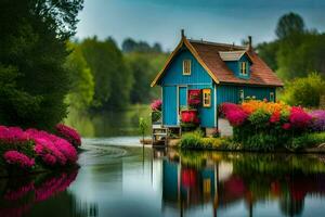 a small blue house sits on the edge of a lake. AI-Generated photo