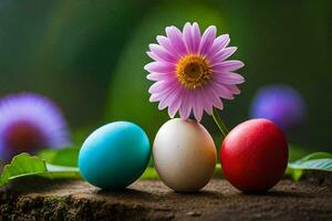 three colorful eggs with a flower. AI-Generated photo