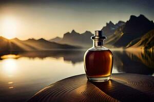 a bottle of whisky sits on a wooden table in front of a lake. AI-Generated photo