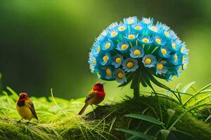 two birds are sitting on the moss near a blue flower. AI-Generated photo