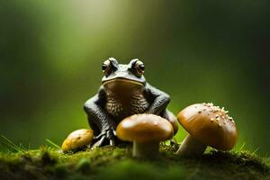 a frog sits on top of mushrooms in the forest. AI-Generated photo