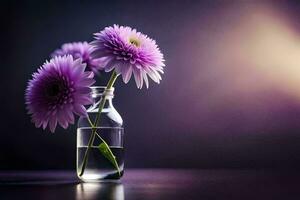 purple flowers in a glass bottle on a table. AI-Generated photo