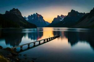 un muelle en el medio de un lago a puesta de sol. generado por ai foto