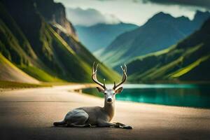 a deer is sitting on the road in front of a lake. AI-Generated photo