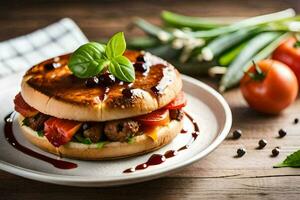 a hamburger with tomatoes and basil on a plate. AI-Generated photo