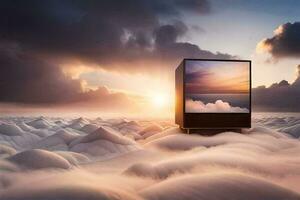 a tv sitting on top of clouds with the sun setting behind it. AI-Generated photo