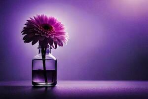 purple flower in a bottle on a table. AI-Generated photo