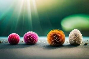 four colorful spiky balls on a table. AI-Generated photo