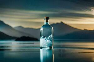 a bottle of water sitting on the water with mountains in the background. AI-Generated photo