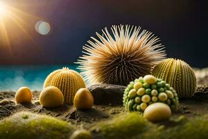 un cactus planta y algunos huevos en el playa. generado por ai foto