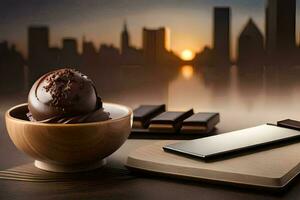 a bowl of chocolate ice cream with a city skyline in the background. AI-Generated photo