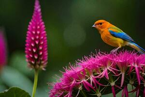 un vistoso pájaro se sienta en parte superior de un rosado flor. generado por ai foto