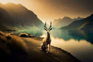 photo wallpaper the sky, mountains, lake, deer, the sun, the mountains, the lake. AI-Generated