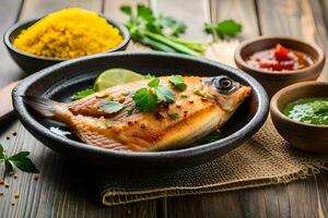 fish and rice on a wooden table. AI-Generated photo