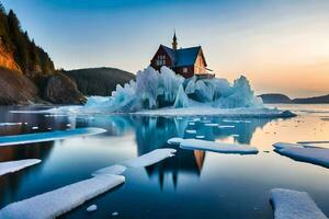 un rojo casa se sienta en parte superior de un iceberg. generado por ai foto