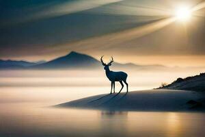 un ciervo soportes en el playa a puesta de sol. generado por ai foto