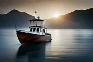 un barco es flotante en el agua a puesta de sol. generado por ai foto