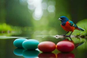 a colorful bird stands on a branch near a pond. AI-Generated photo