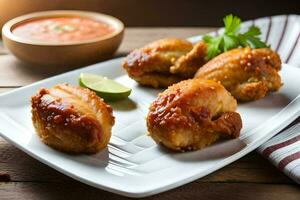 chicken wings on a plate with sauce and a bowl of salsa. AI-Generated photo