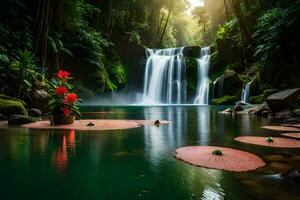 waterfall in the jungle with lily pads and water lilies. AI-Generated photo