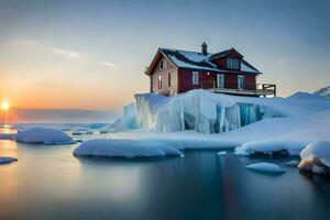 a house sits on top of an iceberg in the middle of the ocean. AI-Generated photo