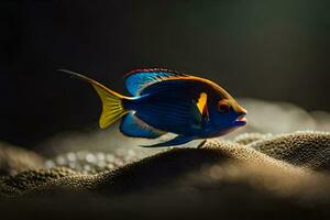 a blue and yellow fish is sitting on top of a rock. AI-Generated photo