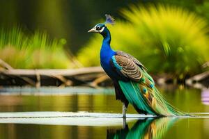 un pavo real en pie en el borde de un estanque. generado por ai foto