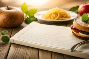 a sandwich and a knife sit on a notepad. AI-Generated photo