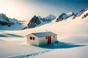 un pequeño blanco choza se sienta en el medio de un Nevado campo. generado por ai foto