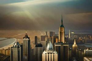 photo wallpaper the sky, city, the sun, clouds, the empire state building, the city. AI-Generated