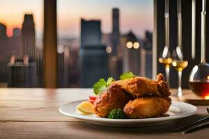 fried chicken on a plate with a view of the city. AI-Generated photo