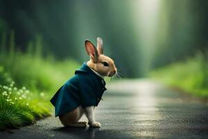 a rabbit wearing a blue coat standing on a road. AI-Generated photo