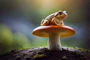 a frog sits on top of a mushroom. AI-Generated photo