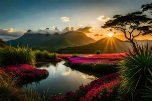 the sun sets over a beautiful landscape with pink flowers. AI-Generated photo