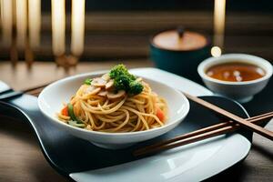 chopsticks and noodles in a bowl on a table. AI-Generated photo