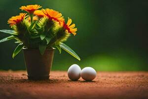 two eggs and a flower in a pot on a dirt surface. AI-Generated photo