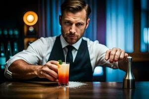 a man in a suit is holding a cocktail. AI-Generated photo