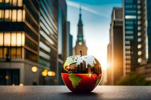 an apple with a globe on it in front of a city. AI-Generated photo