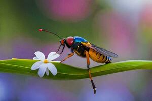 a colorful wasp sits on a flower. AI-Generated photo