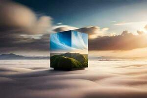 a cube sitting on top of a cloud covered landscape. AI-Generated photo