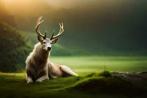 a deer is sitting on a grassy field. AI-Generated photo