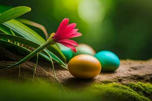 the flowers are in the foreground and the eggs are in the background. AI-Generated photo