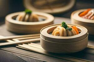 chinese food in bamboo containers on a wooden table. AI-Generated photo