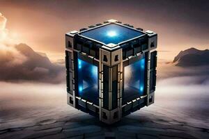 the cube is sitting on top of a mountain. AI-Generated photo