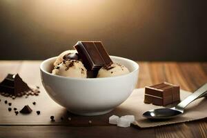 chocolate ice cream in a bowl with chocolate bars. AI-Generated photo